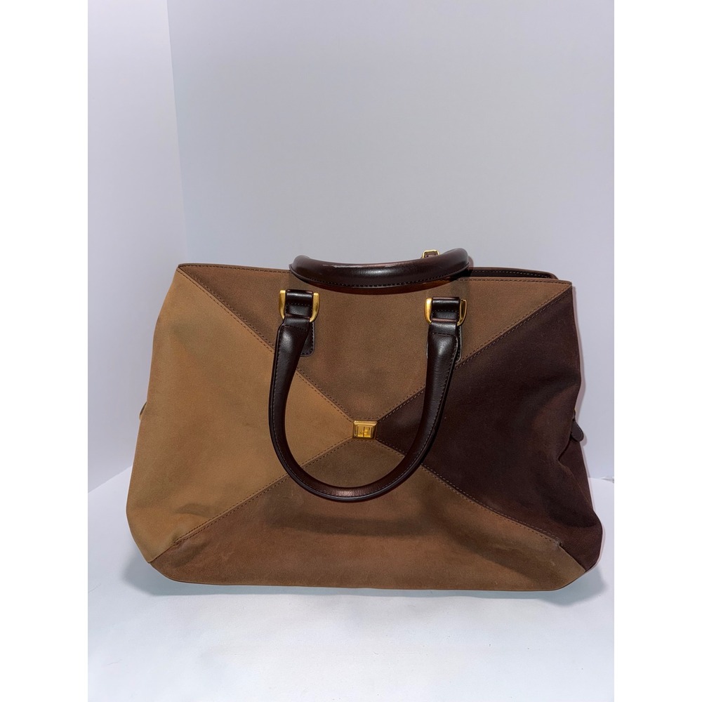 Diane von Furstenberg DVF Brown Patchwork Suede Canvas Satchel Handbag Gold Tone